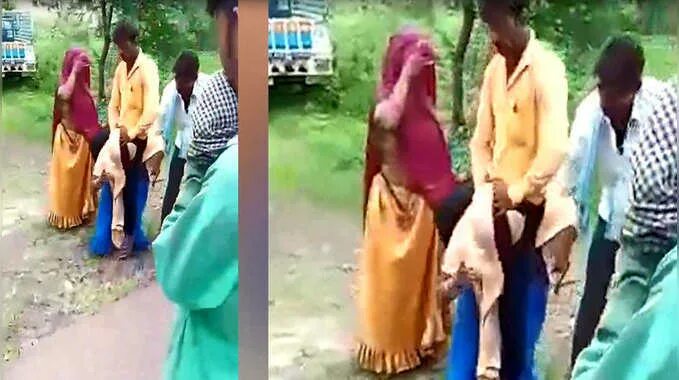 Woman is forced. Men forced women to make. Indian Lady being carried by her servant.