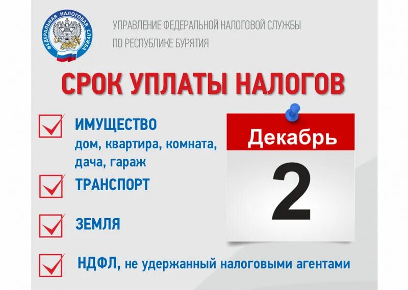 2 декабря срок уплаты налогов. Налоги бурятия. 1 декабря срок уплаты имущественных налогов. срок уплаты налога у источника. объявление об уплате налогов в бурятии.