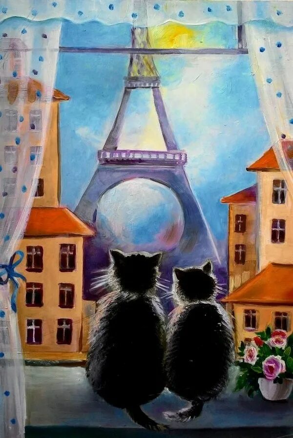 Кот париж. Кошка на окне живопись. картина кошка на окне. кот на крыше.