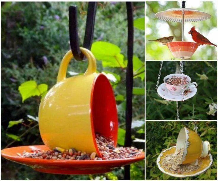 Кормушка для птиц из кружки. Кормушка для птиц из посуды. Кормушки для сада своими руками. Кормушка для птиц. Креативная кормушка.