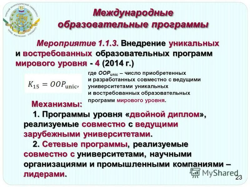 Программы международного уровня. Программы международного уровня