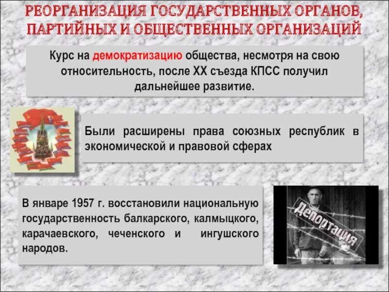 Демократизация советского общества после хх съезда кпсс. Реорганизация государственных органов партийных и общественных. демократизация советского общества. реорганизация государственных органов 1953-1964. реорганизация гос органов партийных и общественных организаций.