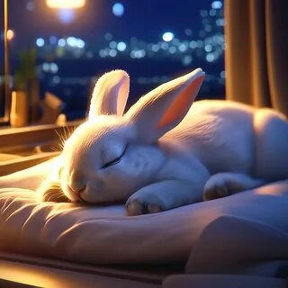 Спокойной ночи..... beautiful, 3d, realistic, 128k, cute rabbit sleeping, n...