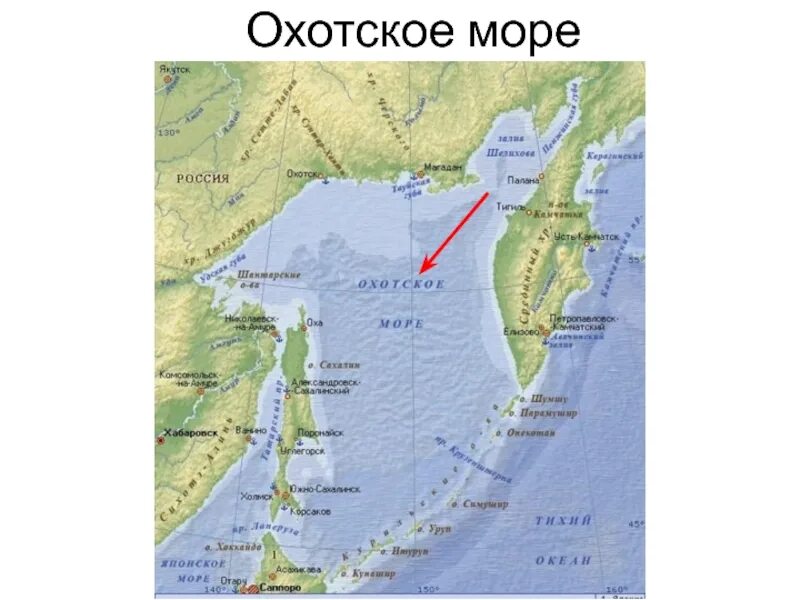 Охотское море на карте России. Охотское море на карте. Расположение Охотского моря.