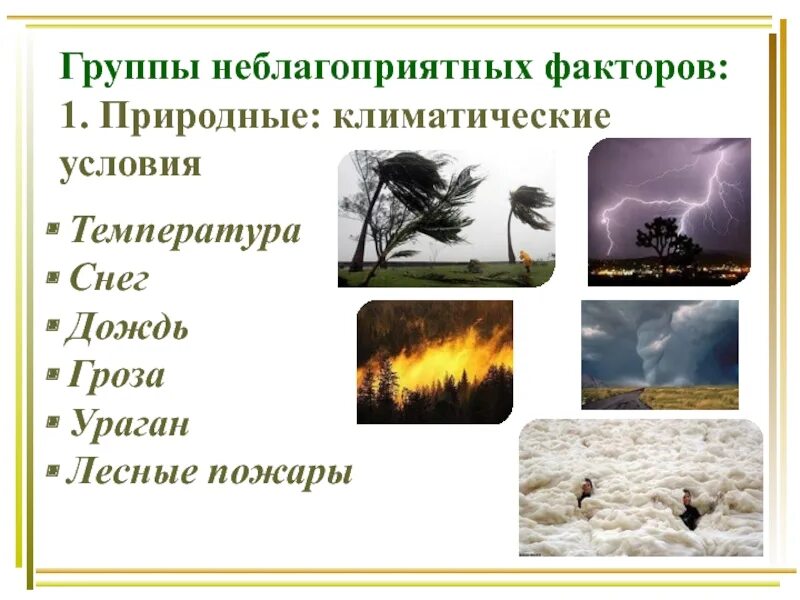 Природно климатическая зависимость. Неблагоприятные климатические факторы. Природные экстремальные ситуации. Виды экстремальных ситуаций в природе. Экстремальные ситуации в природных условиях.