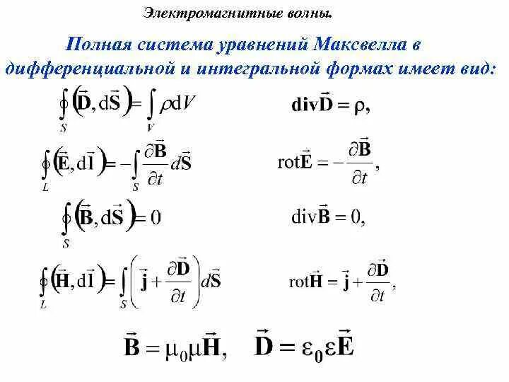 Система уравнений Максвелла в интегральной и дифференциальной форме. Система дифференциальных уравнений Максвелла. Уравнения Максвелла для электромагнитного поля в интегральной форме. Система уравнений Максвелла для электромагнитного поля.