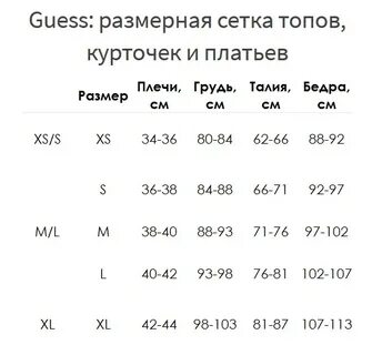 Размерная сетка guess