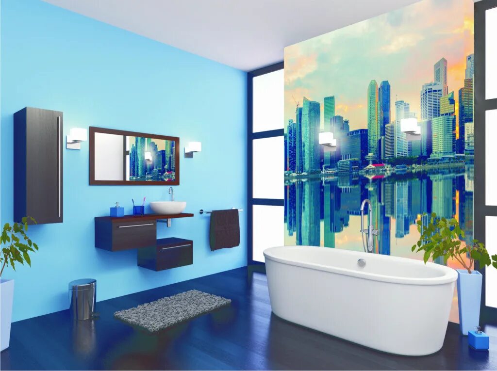 Ванная комната. Фотообои в ванной комнате. Фотообои в интерьере ванной комнаты. Ванная в современном стиле.