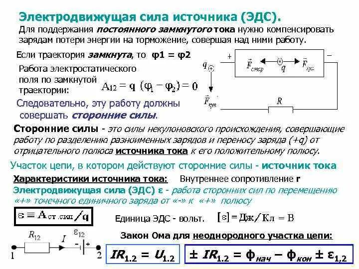 5 источник тока. Источник ЭДС физика. Формула ЭДС В цепи постоянного тока. Электродвижущая сила источника тока. Электродвижущая сила ЭДС формула.