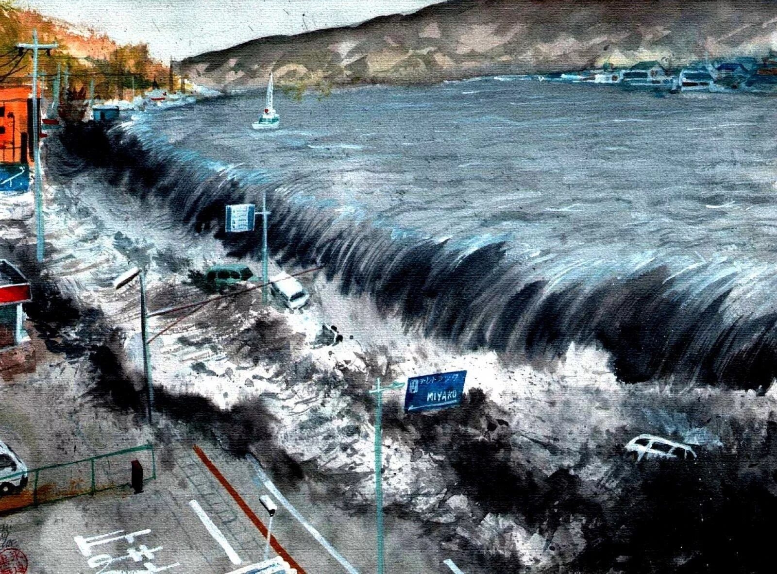 Результаты цунами. Цунами онагава. цунами в японии в 2011. волна 40 метров цунами япония. гонолулу цунами.