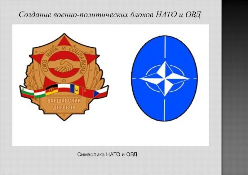 Военно политическая организация варшавского договора. НАТО И ОВД. Символы НАТО И ОВД. Создание НАТО И ОВД.