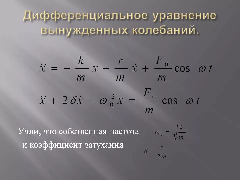 Уравнение колебаний х 0 0. Уравнение вынужденных гармонических колебаний имеет вид. Дифференциальное уравнение вынужденных колебаний. Уравнение вынужденных гармонических колебаний. Вынужденные колебания дифференциальное уравнение.