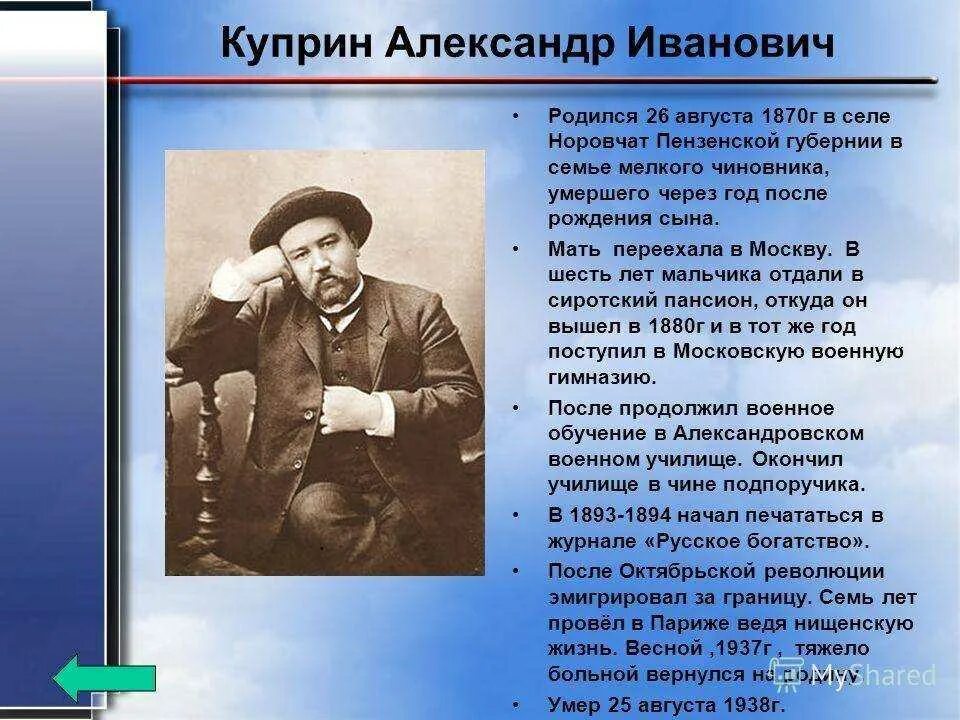 Биография. Краткая биография Куприна. Сообщение о Куприне. Александр Куприн (1870) русский писатель. Краткая биография а.Купенка.