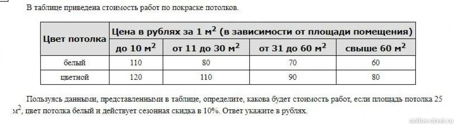 Ответ укажите в рублях. Пользуясь данными в таблице определите какова будет стоимость работ. Данные представленные в таблице. Пользуясь данными таблицы представленными в таблицах. Таблица стоимости работ по покраске потолков.