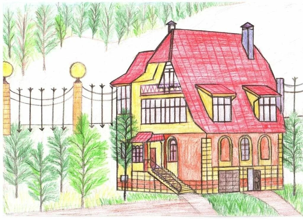 Мой дом мой образ жизни изо 7. Дом рисунок. Дом мечты рисунок. Рисование дом моей мечты. Домики цветными карандашами.