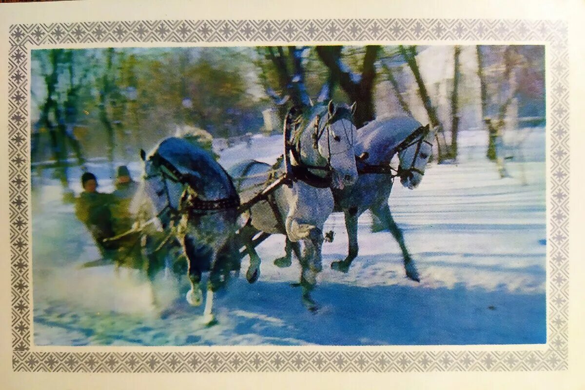 Русская тройка открытка. Тройка лошадей с санями. Тройка лошадей СССР. Старинные открытки с новым годом тройка лошадей. Времена года на тройке