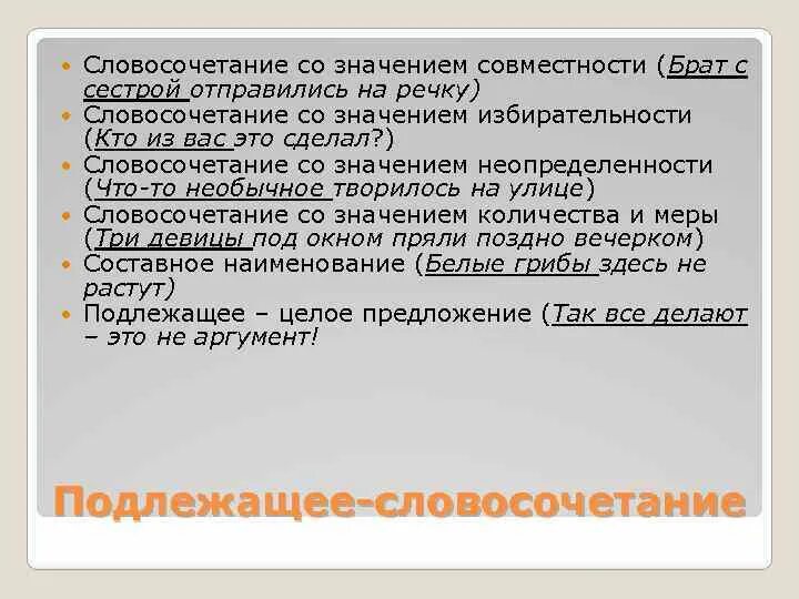 Целое подлежит. Словосочетание со значением совместности. Словосочетание со значением совместимости. Сочетания со значением избирательности совместности. Подлежащее со значением совместности.