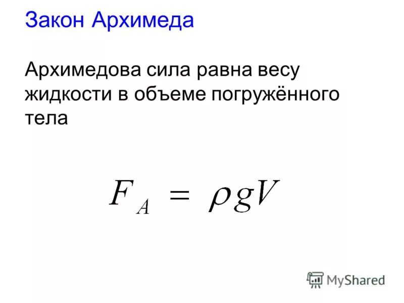 Закон Архимеда. Архимедова сила равна. Объем погруженной части тела формула