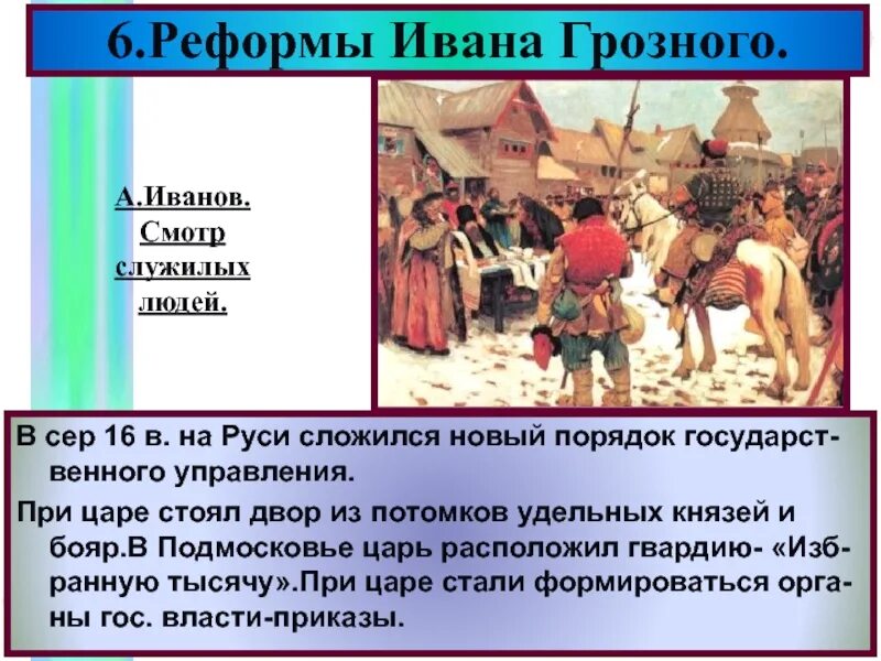 Подготовьте сообщение на тему смотр служилых людей. Реформы ивана грозного. смотр служилых людей картина описание.