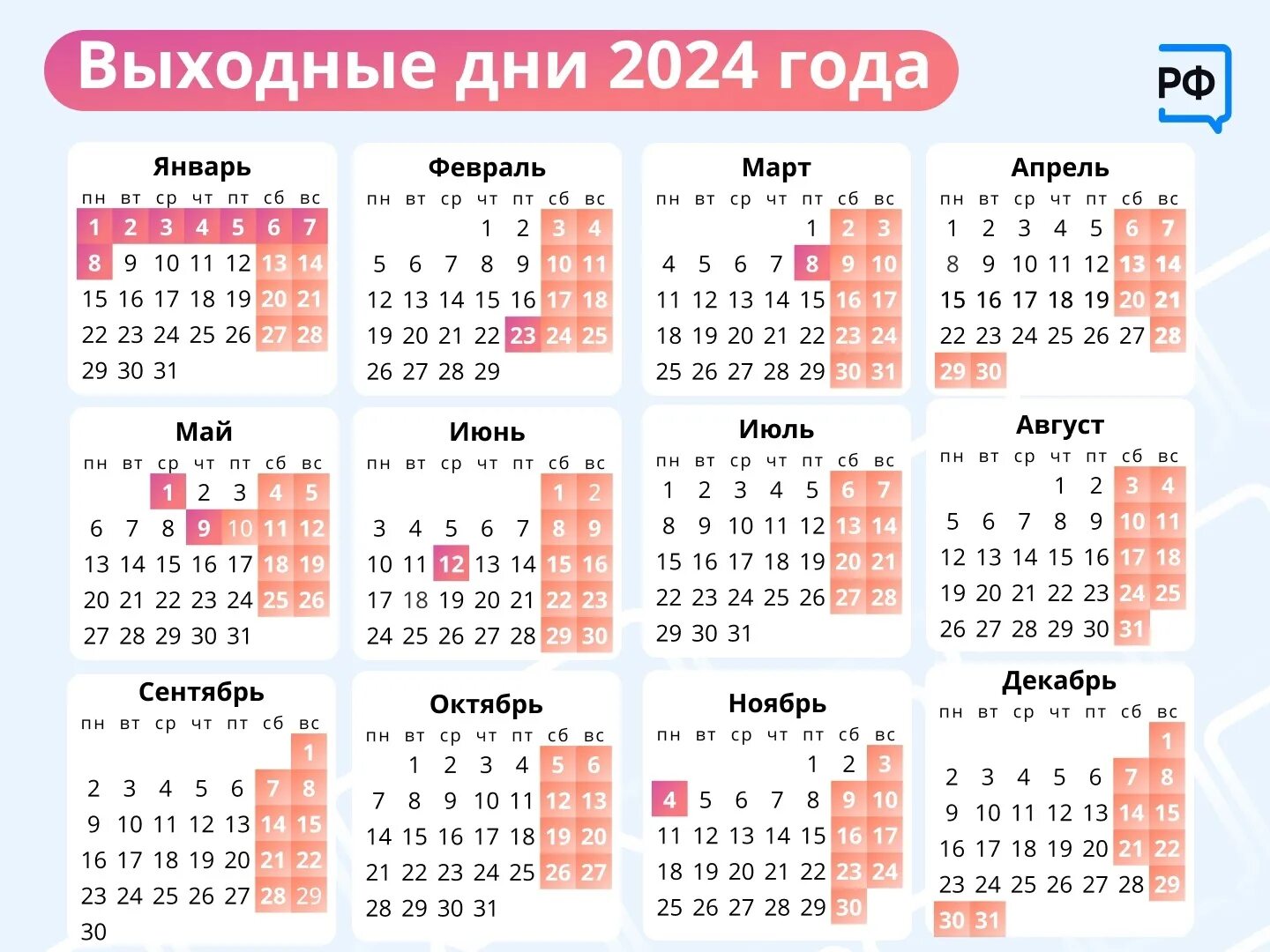 Выходные дни в 2024г. Праздничные дни в 2024г. Календарь 2024 с праздниками. Календарь праздничных дней в 2024 году в России.