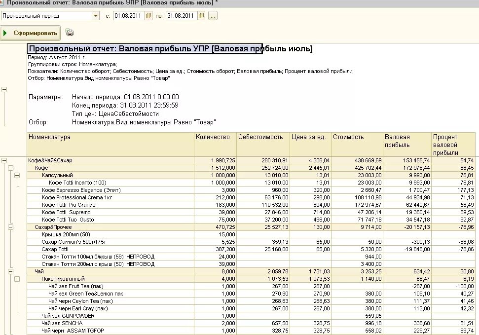 Валовая прибыль отчет 1с. Валовая прибыль в 1с. Формирование отчета в 1с. Произвольный отчет. Отчет валовой прибыли в 1с
