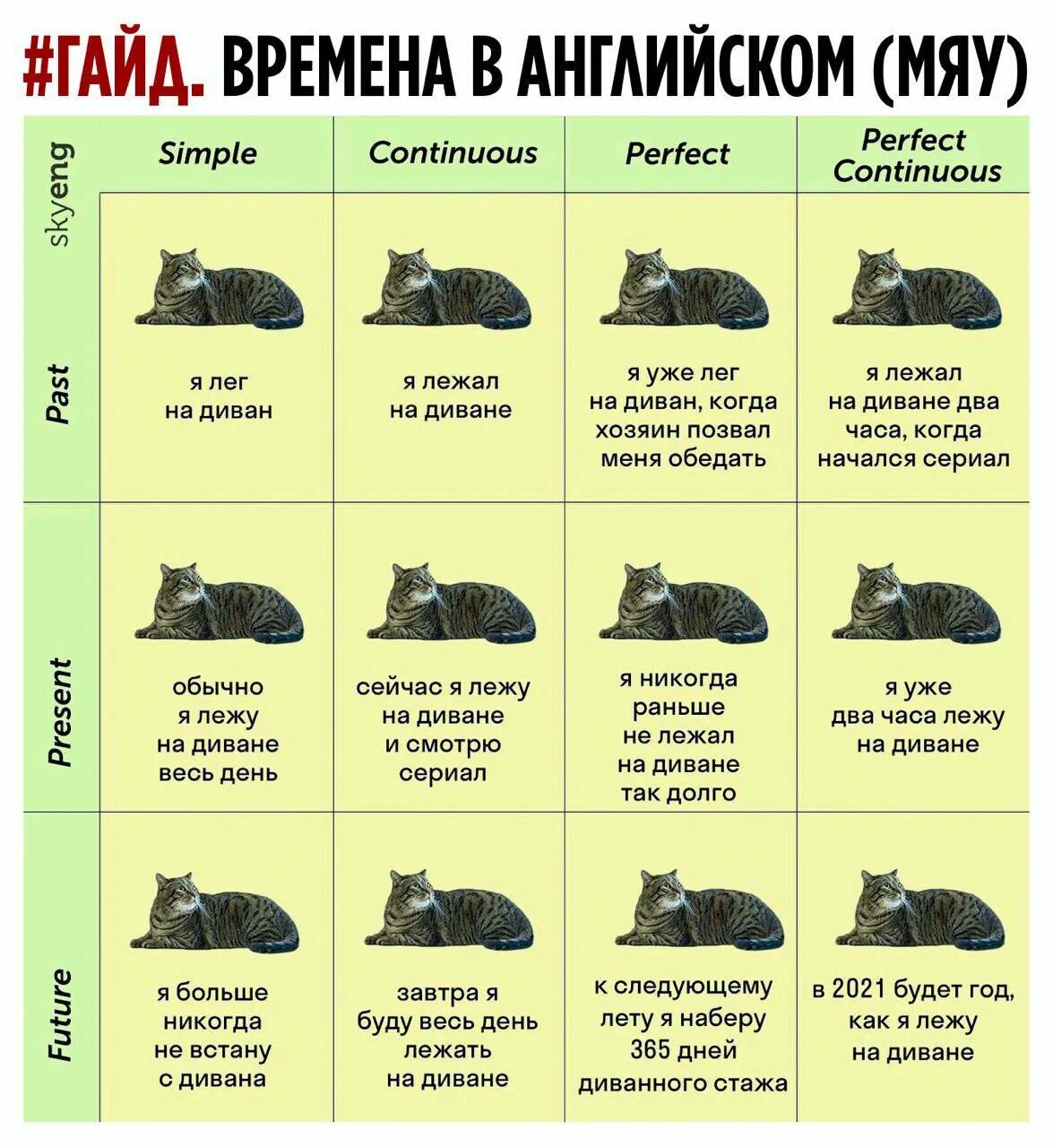 Учим английский язык времена глаголов. Английские времена таблица с котом. Времена в английском языке таблица с котами. Времена английского таблица с котиком. Таблица по временам английского языка с котом.