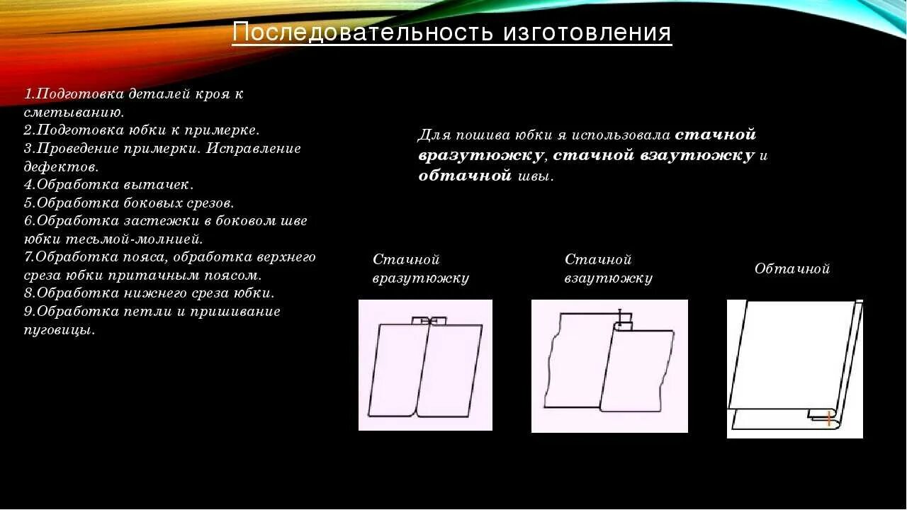 Скалывание и сметывание деталей кроя. План изготовления прямой юбки. Подготовка деталей кроя к сметыванию. Технологическая последовательность изготовления юбки. Обработка среза фартука