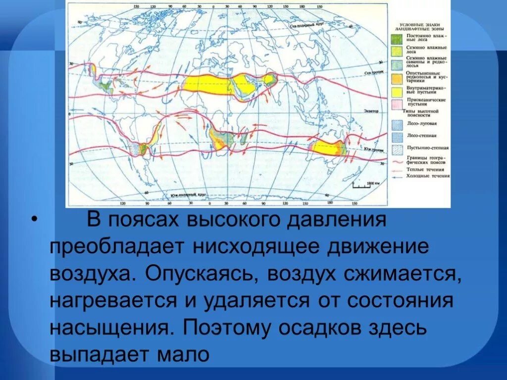 Пояса высокого и низкого атмосферного давления. Распределение осадков. Давление воздуха и осадки на разных широтах. Распределение температур и осадков. Области высокого давления формируются в широтах