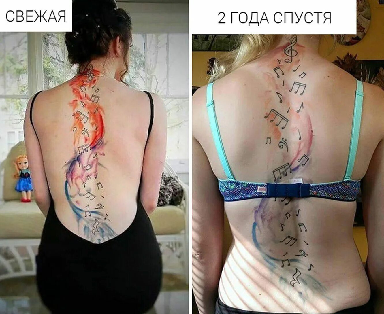 Татуировки спустя время. Цветные тату через год. Цветная тату через 5 лет. Татуировка поплыла.