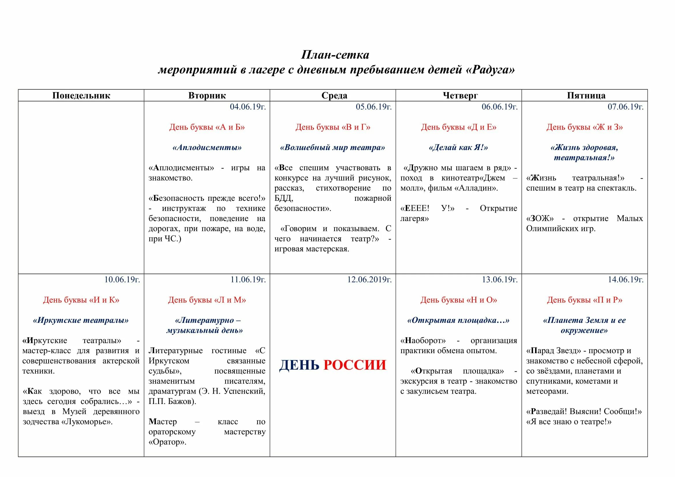 Программа работы с детьми в лагере. План сетка работы летнего лагеря с дневным пребыванием при школе. план сетка пришкольного летнего лагеря. план сетка в детский лагерь дневного пребывания. план сетка пришкольного лагеря с дневным пребыванием.