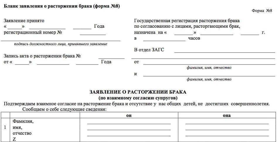 Подать заявление в любой загс. Бланки заявления о расторжении брака. Бланк заявления о расторжении брака форма 8 образец. Форма заявления о расторжении брака в ЗАГС. Образец Бланка подачи заявления о разводе.