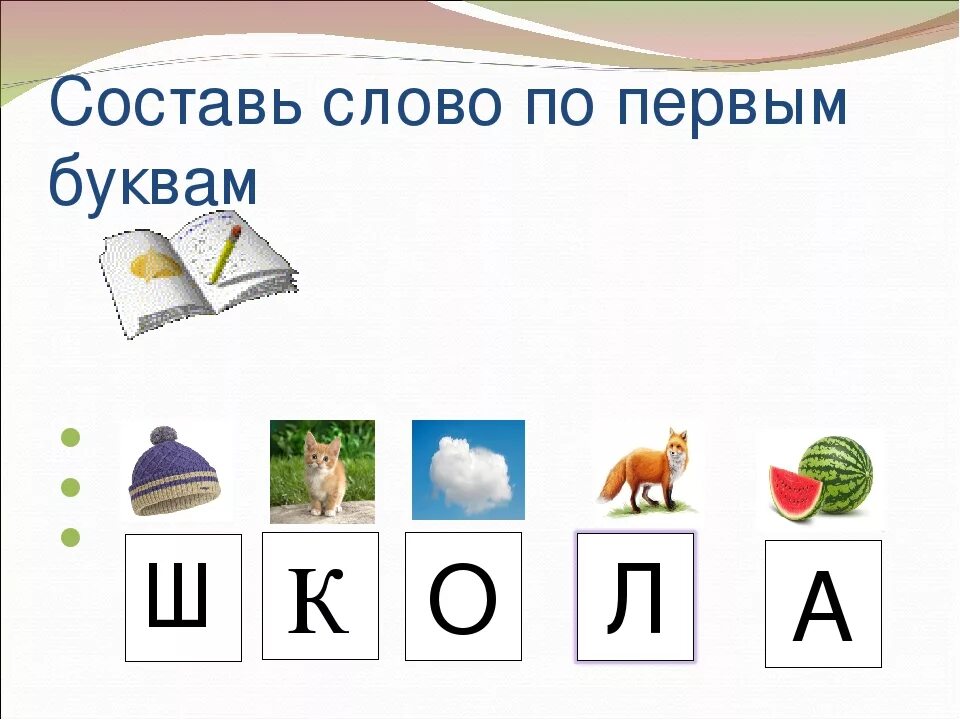 Составить слово из букв назови. Составление слова по первым буквам. Ребусы по первым буквам картинок. Составление слов по картинкам. Составить слово из первых букв картинок.