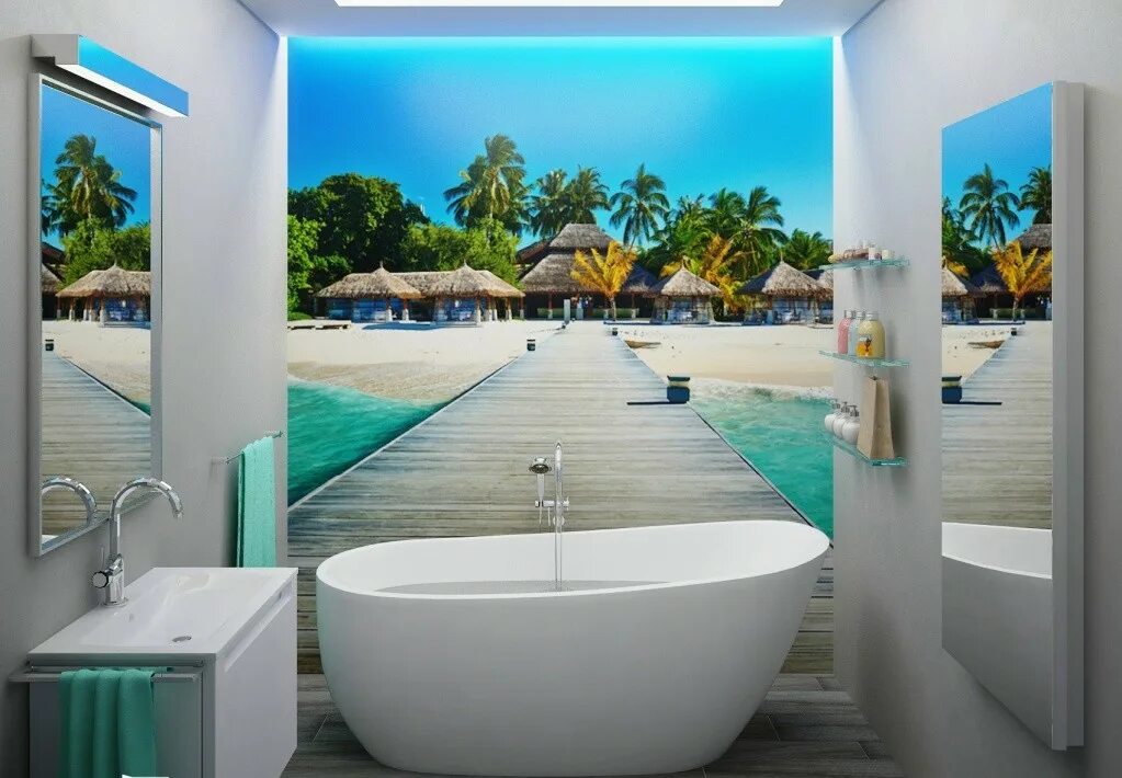Ванна в стиле пляжа. Фотообои в интерьере ванной комнаты. Тропическая ванная комната. Панно в ванную комнату.