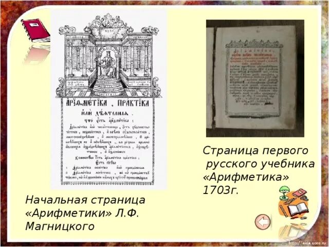 Арифметика Магницкий 1703 г. Грамматика Смотрицкого и арифметика Магницкого. Страницы первого учебника "арифметика" Магницкого. Начальная страница «арифметики» л. Магницкого..