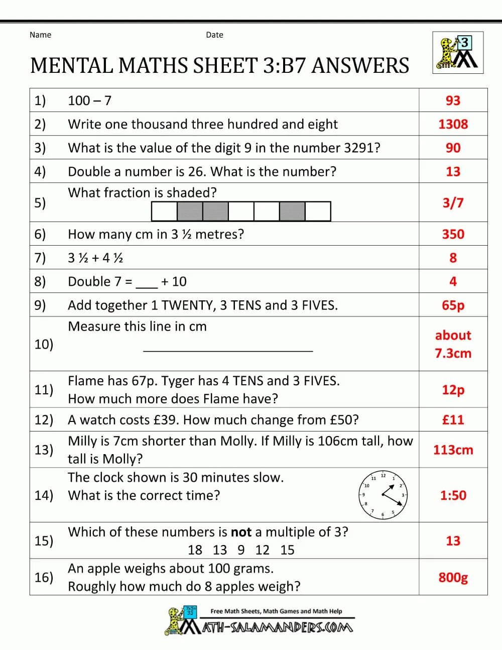 7 grade worksheets. Mental Maths. Test 7 Grade. Mental Math Worksheets. Test for 7 Grade with answers.