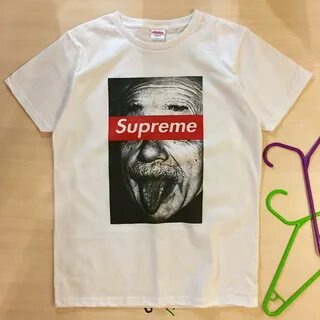 Футболка белая мужская брендовая с прикольным принтом Эйнштейн от Supreme.