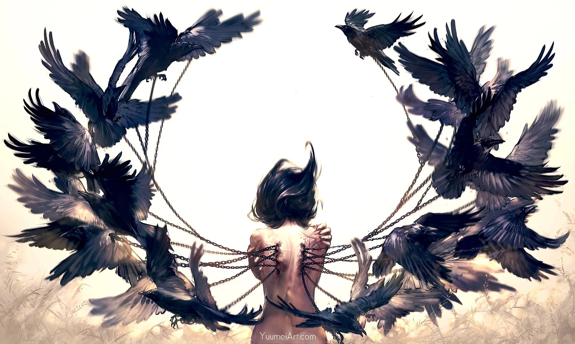 Читать под крылом ворона. Художница yuumei. Женщина с крыльями. Девушка птица. Девушка птица арт.