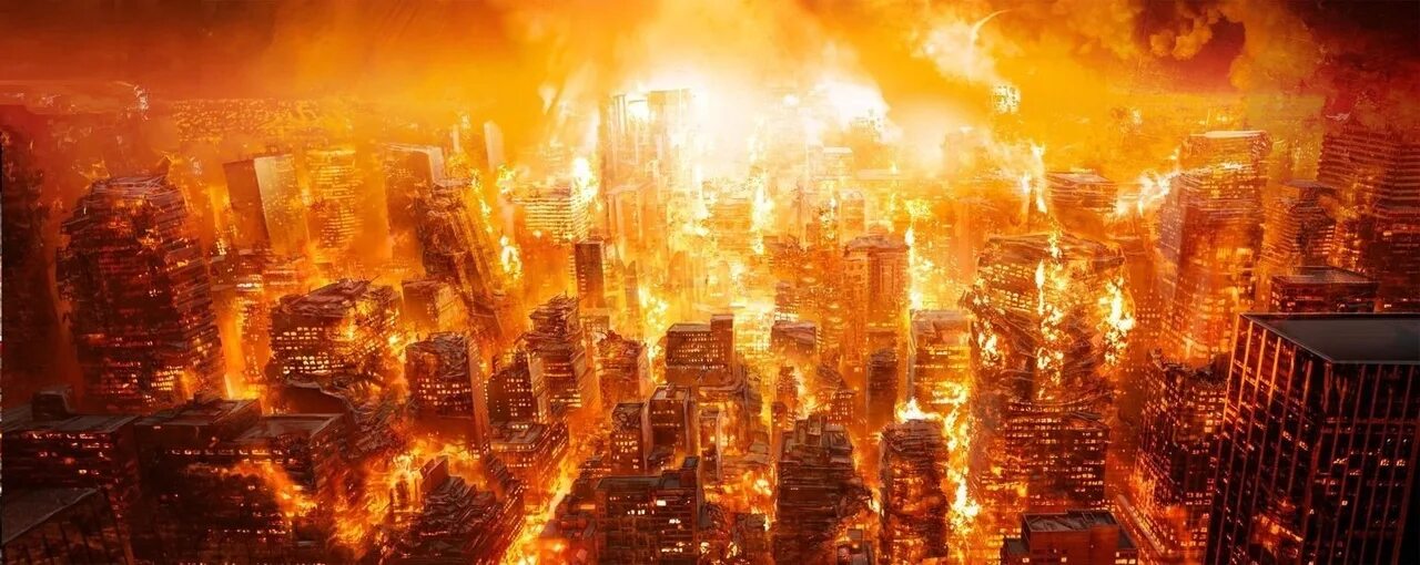 Горящий город. Конец света апокалипсис. Мир сгорит в огне. Фон армагеддона. Адское пламя.