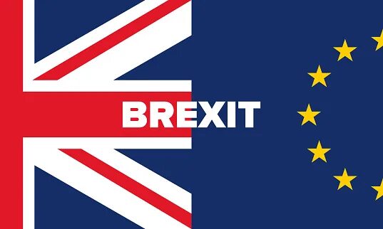 Images of Brexit campaign posters, uk Flags, and prominent uk populist leaders. Leaving uk