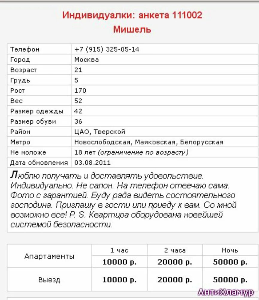 Анкеты Шлюх