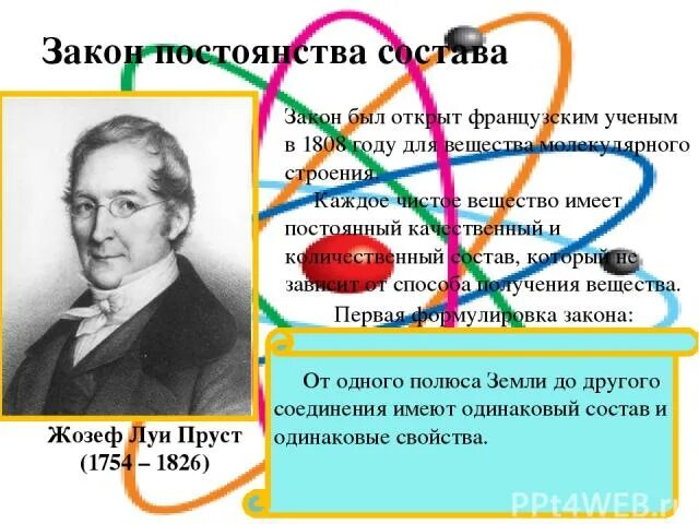 Закон постоянства состава кем открыт. Жозеф луи пруст (1754 - 1826). закон постоянства состава открыл ученый. закон постоянства состава вещества. закон постоянства вещества пруст.