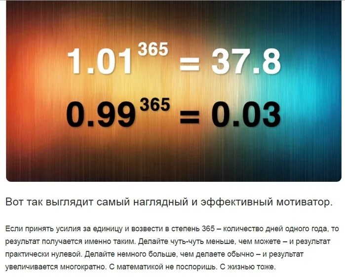 В жизни тоже много. Самый наглядный мотиватор. Самый лучший мотиватор. Самый эффективный мотиватор. Мотиватор 1.01 в степени 365.