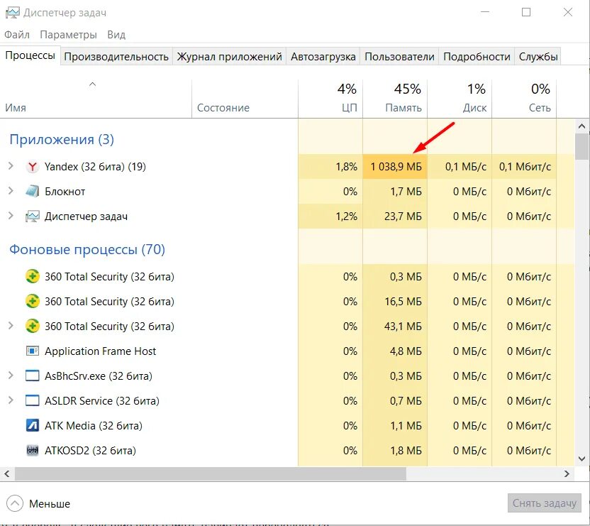 Память в диспетчере задач загружен