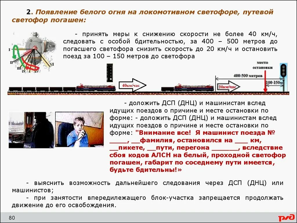 Вопросы машинисту поезда. Внезапное появление белого огня на Локомотивном светофоре. При появлении белого огня на Локомотивном светофоре. Действия при неисправности АЛСН. Действия машиниста при белом огне.