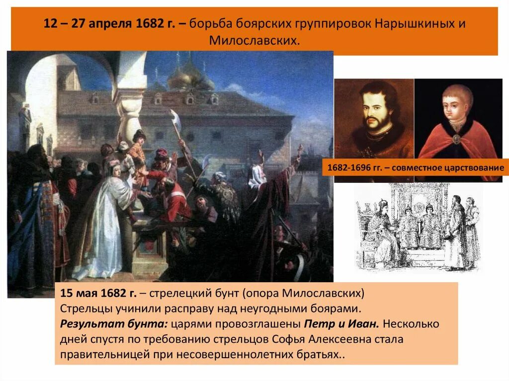 Борьба Нарышкины и Милославские 1682. Итоги Стрелецкого бунта 1682. Стрелецкий бунт 15 мая 1682 итоги. Причины Стрелецкого бунта 1682. Борьба за власть в конце 17