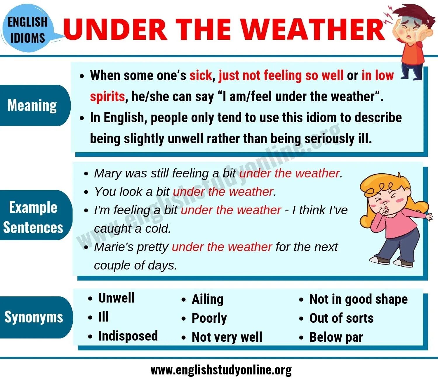 He was feeling under the. Under the weather idiom. to feel under the weather идиома. предложения с to feel under the weather. be under the weather.