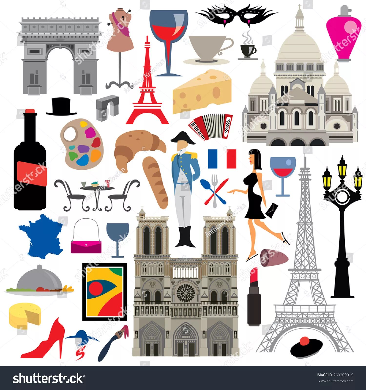 France symbols. Атрибуты франции. Векторная иллюстрация париж. Французские символы. Неофициальные символы франции.