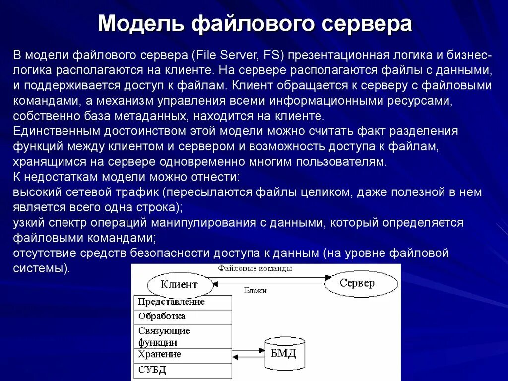 Организация систем управления базами данных. Файловые модели баз данных. Модель файлового сервера (file Server - FS). Модель сервера СУБД. Модель файловый сервер БД.