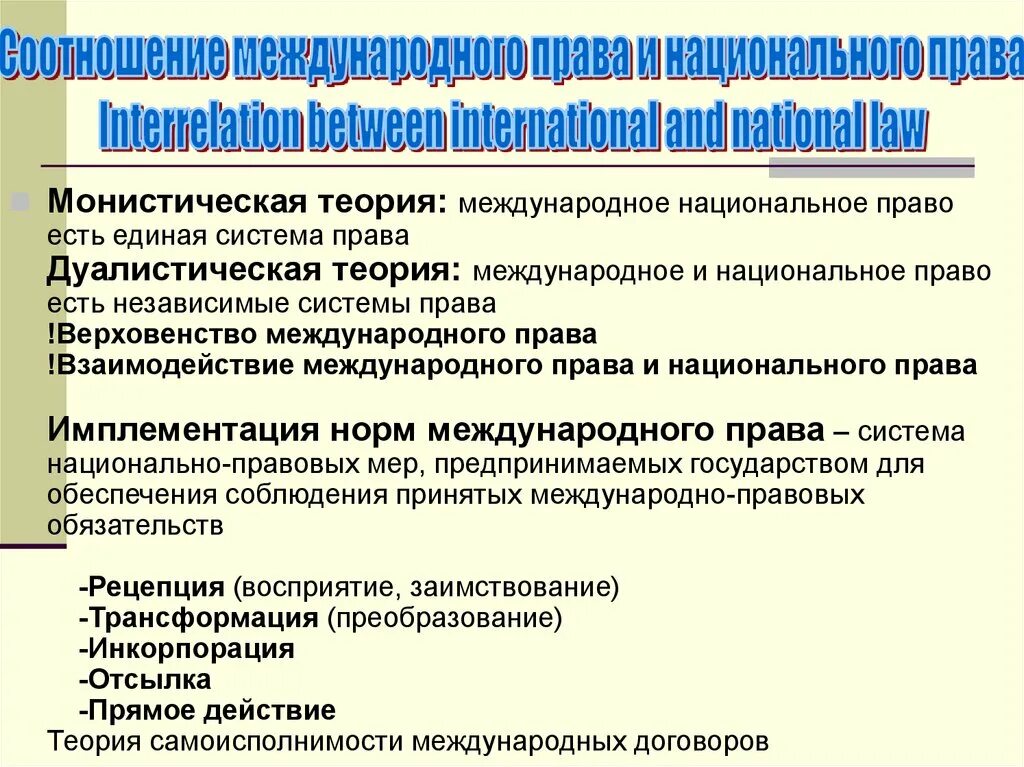 Международные нормы и национальное законодательство. Межгосударственное право и внутригосударственное право. Национальное и Международное законодательство.