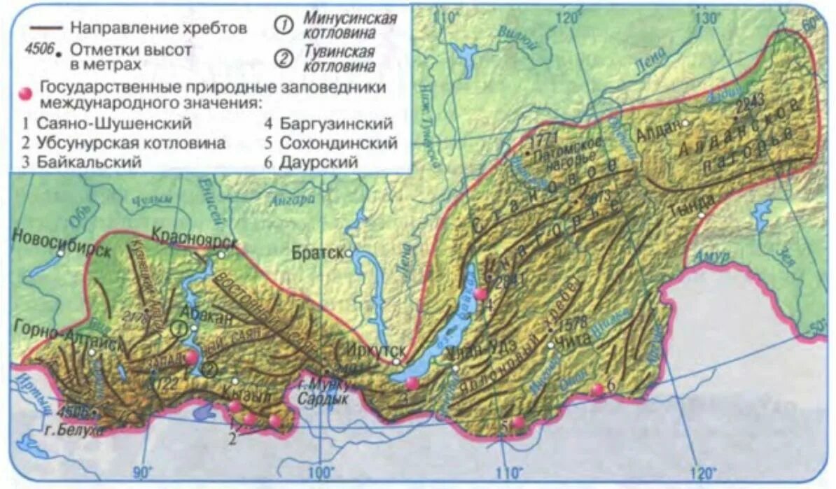 Рельеф гор Южной Сибири карта. Орографическая схема Южной Сибири. Рельеф и Геологическое строение Южной Сибири. Горные хребты Сибири карта.